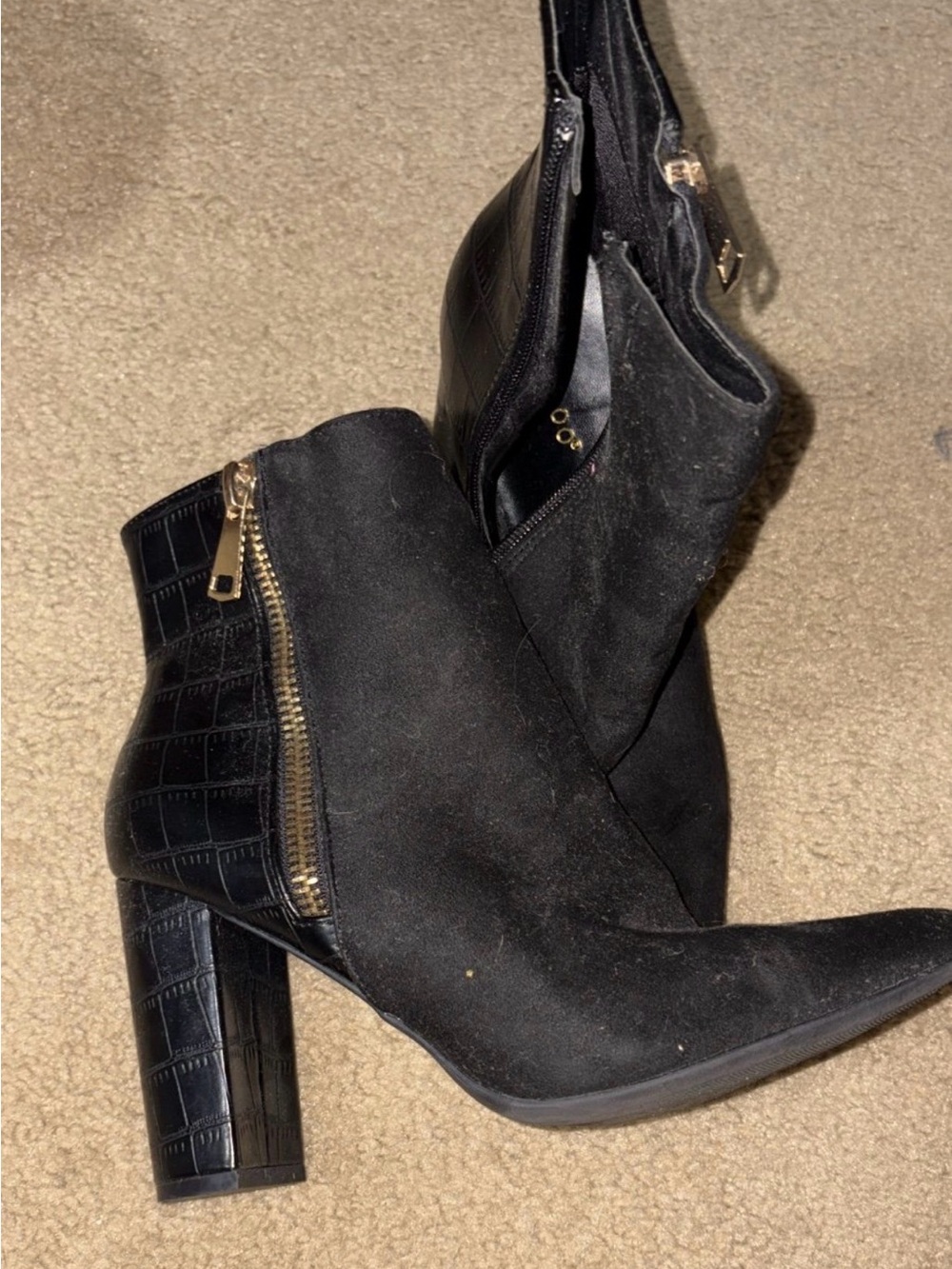 BAMBOO Black Suede Pointed Toe Block Heel Ankle Booties with Gold Zipper